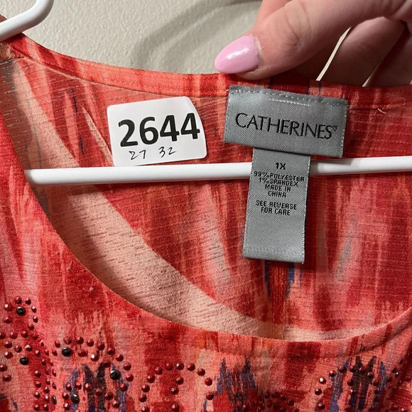 Catherines Womens Multicolor Blouse 1X Paisley Scoop Neck Short Sleeve Studded - Picture 2 of 8